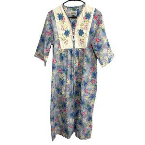 Vtg Anthony Richards Floral Housecoat Embroidered Yoke Pockets Zip Front Size M